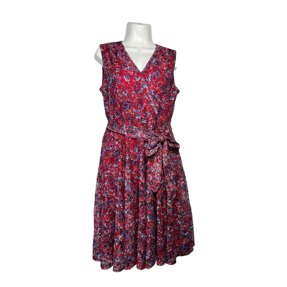Roz & Ali Faux Wrap Lace Dress Size 10 Red Blue Floral Sleeveless Belted Vtg